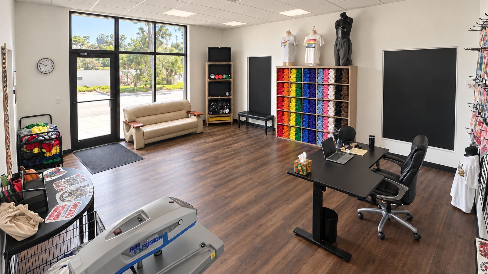 Inside the DTF Prints shop in Tampa: pickup area with rolled blank shirts and a heat press