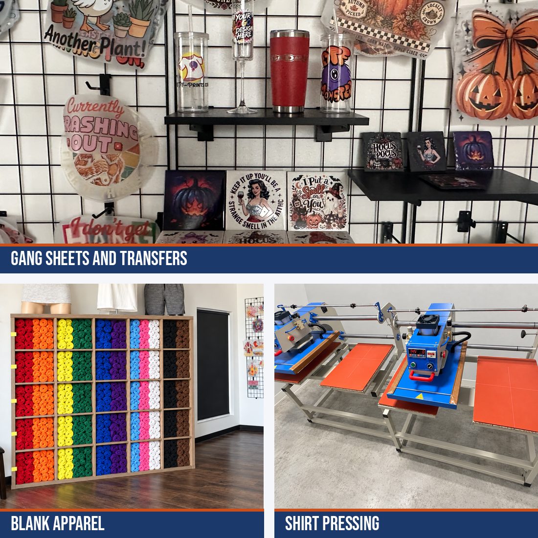 Gang sheets and transfers, blank apparel and shirt pressing at the DTF Prints shop in Tampa