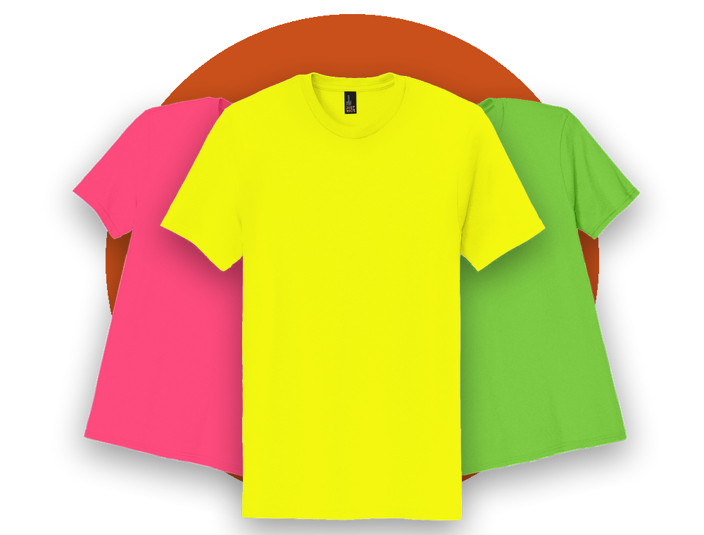 Three bright District DT5000 tees in neon pink, yellow and green